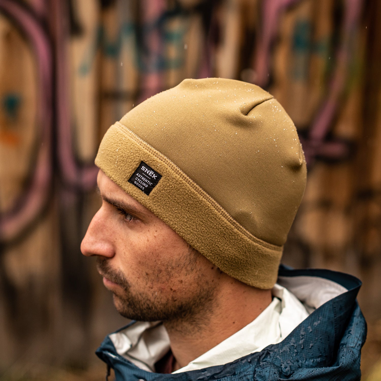 snek cycling hardface fleece beanie side profile on model in salt lake city utah