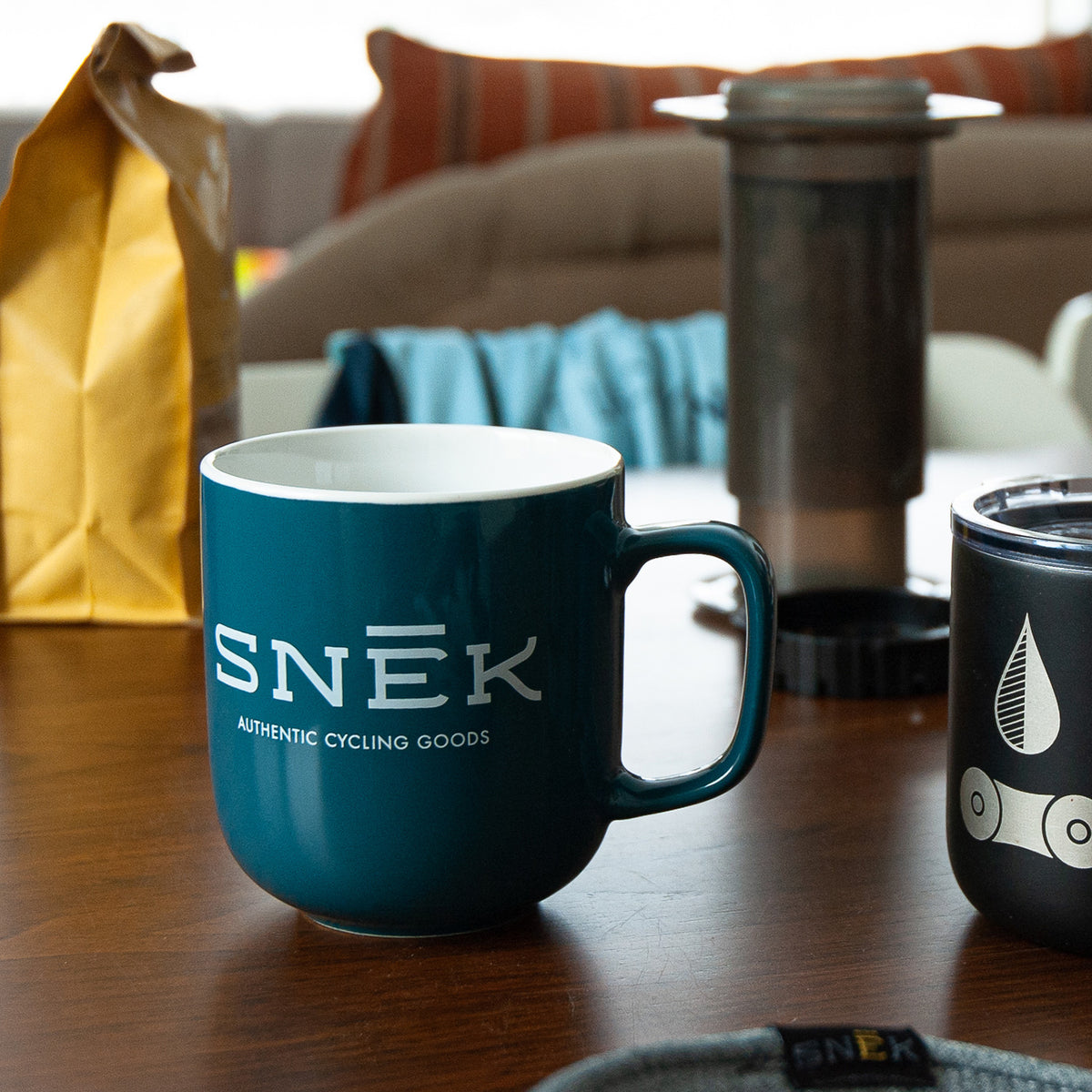 snek cycling coffee mug with aeropress