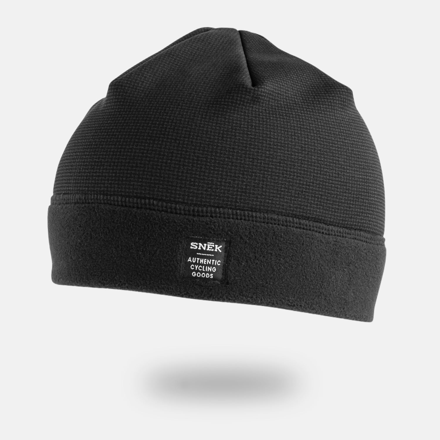 snek cycling product shot of the black hardface fleece beanie