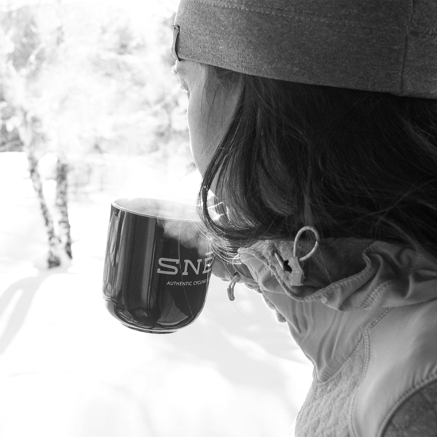 snek authentic cycling goods cermaic mug coffee steam on balcony